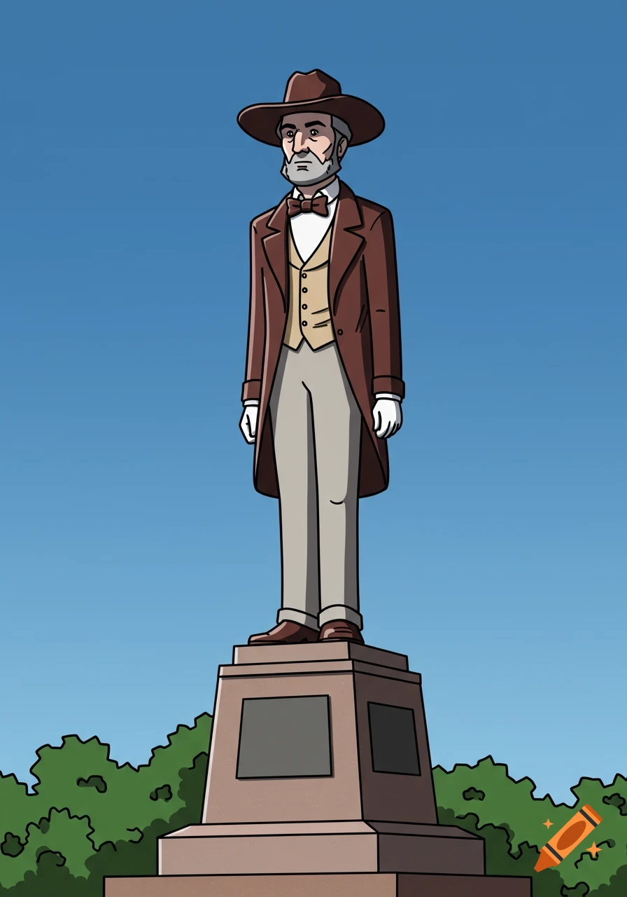 Cartoon statue of a man in a hat and historical clothes on a pedestal against a blue sky.