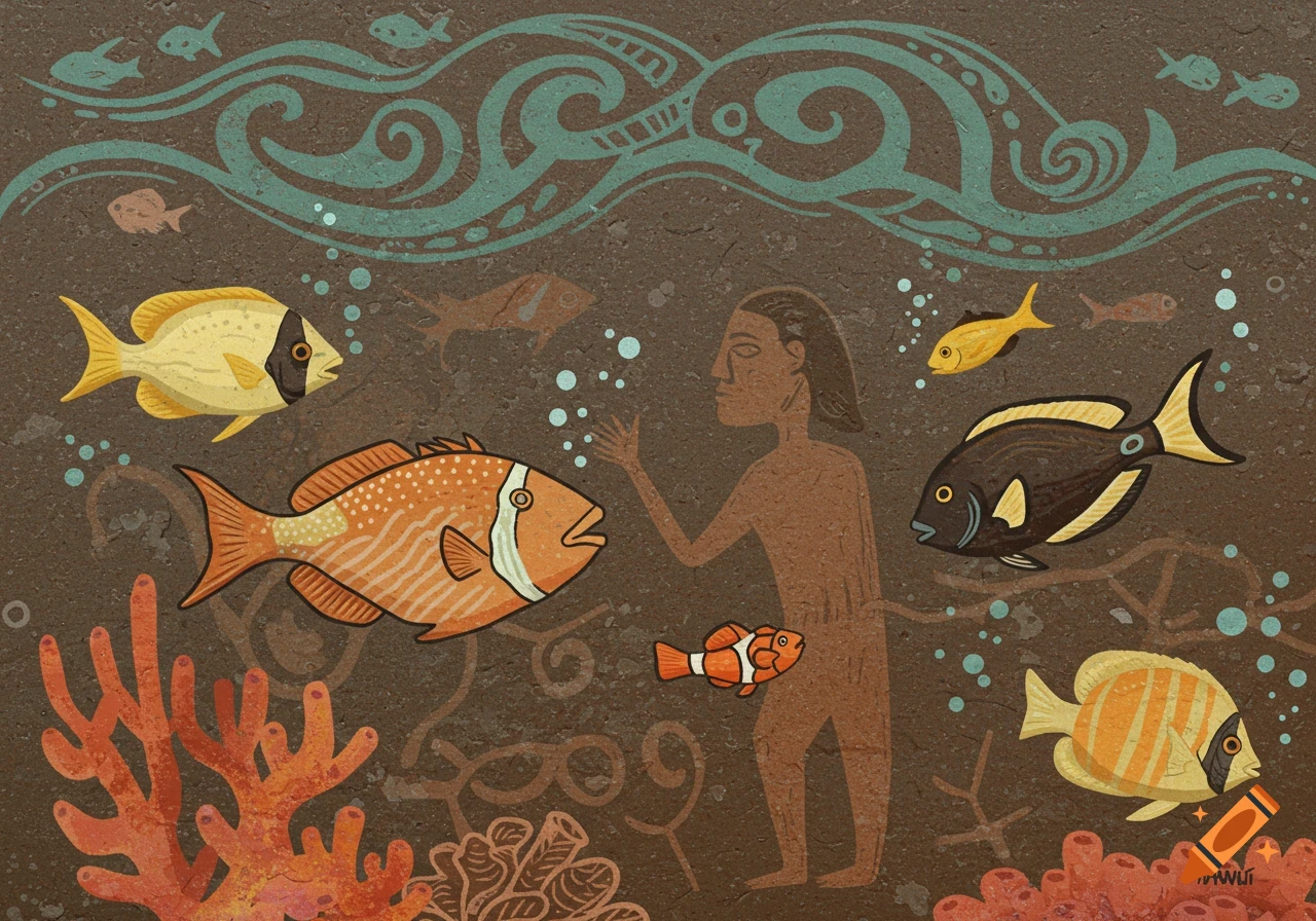 Petroglyph style artwork of a person and fish underwater with coral and waves.