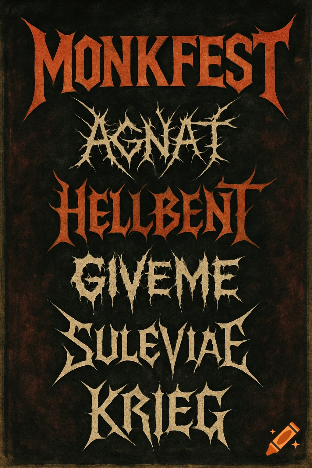 Heavy metal festival poster with stylized band logos: Monkfest, Agnat, Hellbent, Giveme, Suleviae, Krieg.