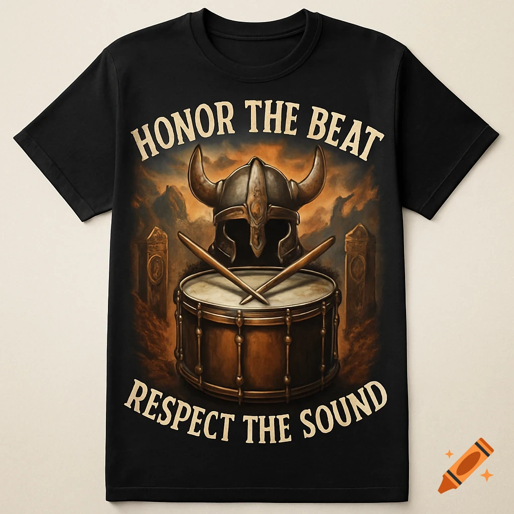 Black t-shirt with a Viking helmet over a drum and drumsticks, with text "Honor the Beat, Respect the Sound"
