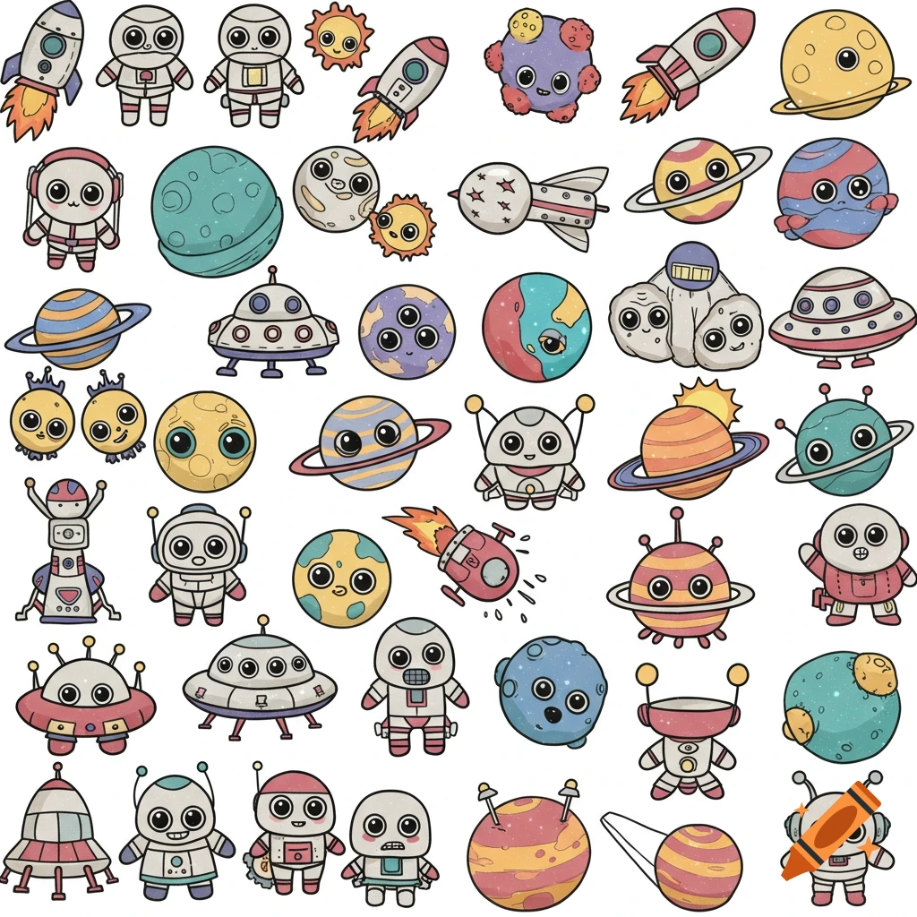 Collection of cute cartoon space clipart, including aliens, robots, planets, rockets, and UFOs.