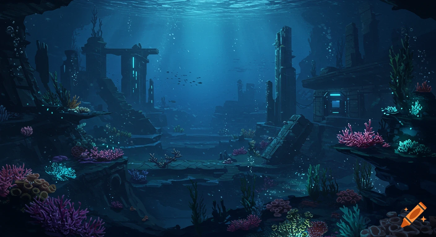 Mysterious underwater ruins with glowing coral and fish swimming in deep blue water