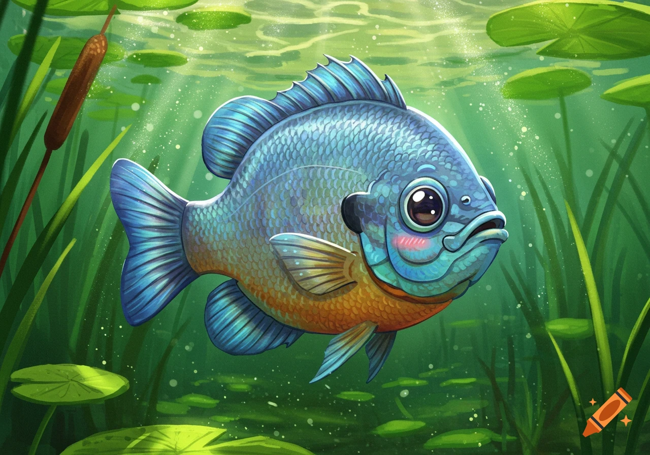 A cute cartoon bluegill fish swims underwater among lily pads.