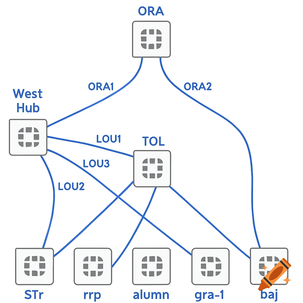 A technical network diagram showing interconnected nodes labeled with text like ORA, West Hub, and TOL.