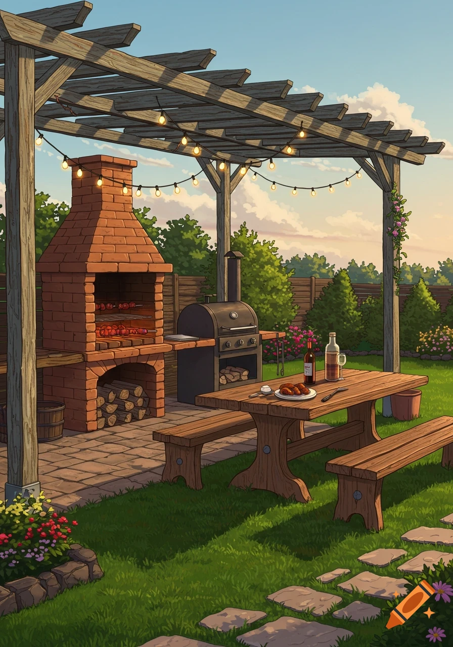 An outdoor barbeque area with a brick grill, gas grill, picnic table, and string lights under a pergola.