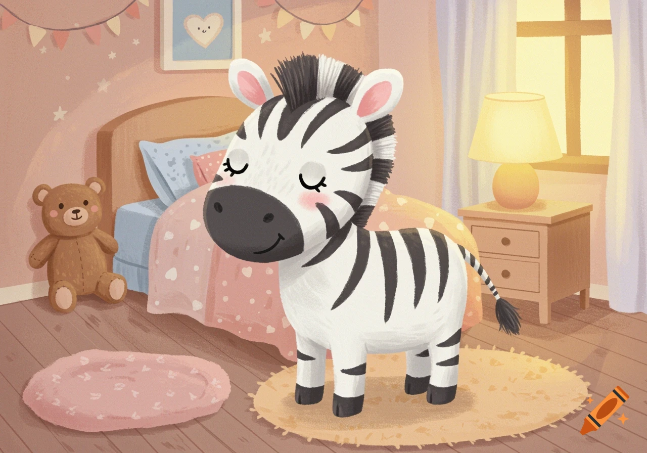 A cute cartoon zebra with sleepy eyes stands in a cozy children's bedroom with a bed, teddy bear, and lamp. Soft, illustrative style.