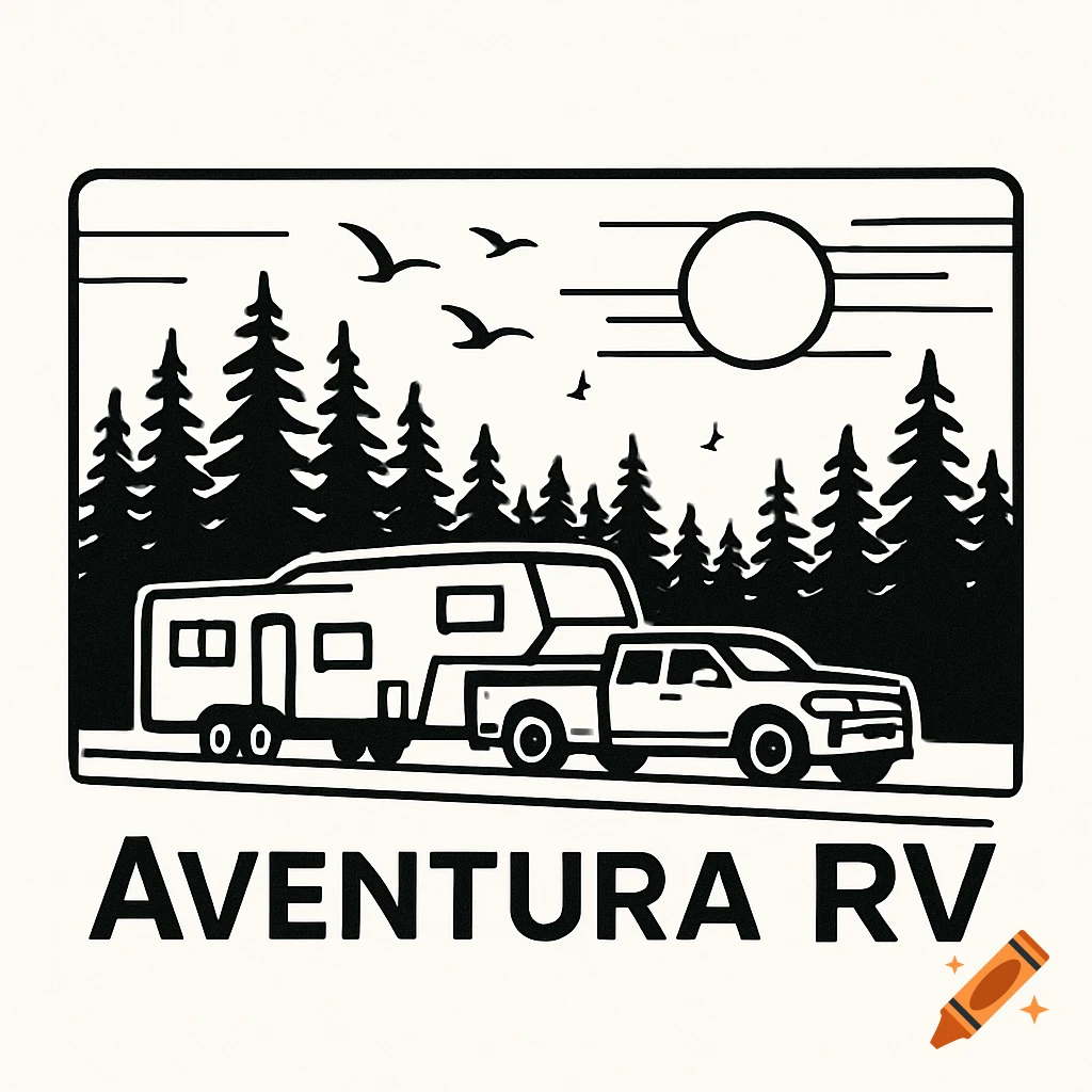 Black and white linear logo of a pickup truck pulling an RV in a forest with text "Aventura RV".