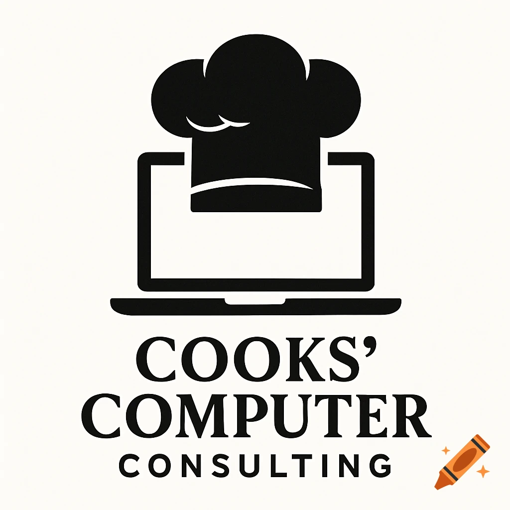 Logo featuring a black chef's hat above a black outline of a laptop with text below.