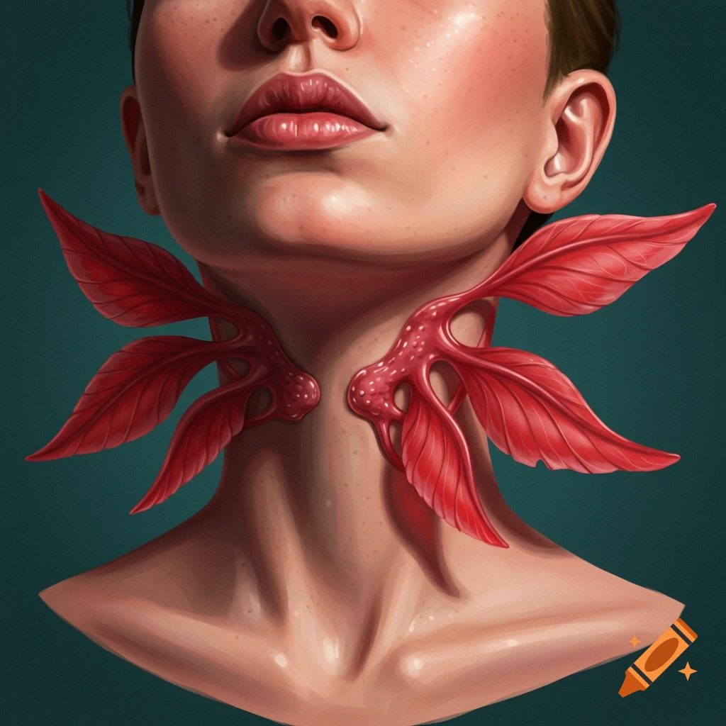 Close-up illustration of a human neck with red, leafy, gill-like structures