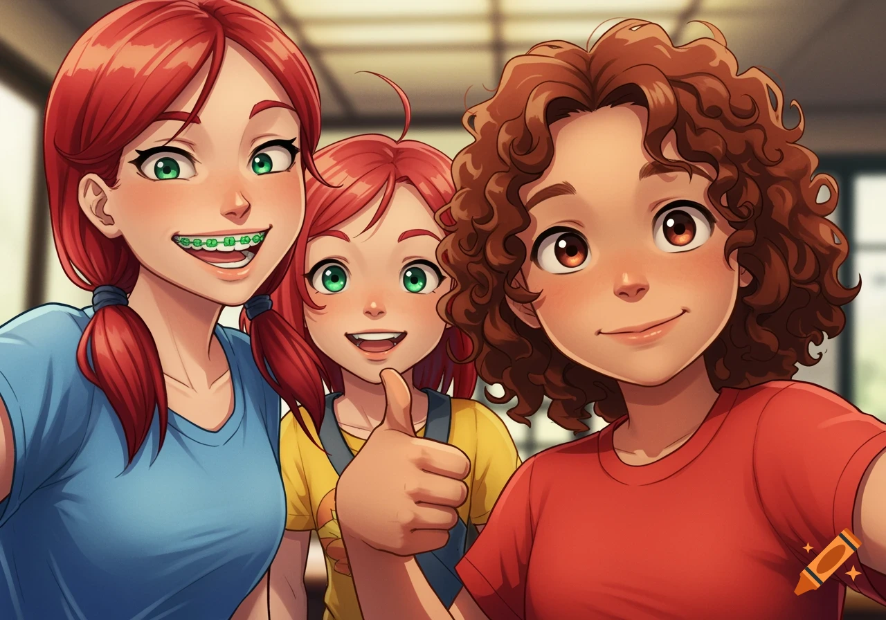 Anime style selfie of three smiling girls, one with green braces and another giving a thumbs-up.