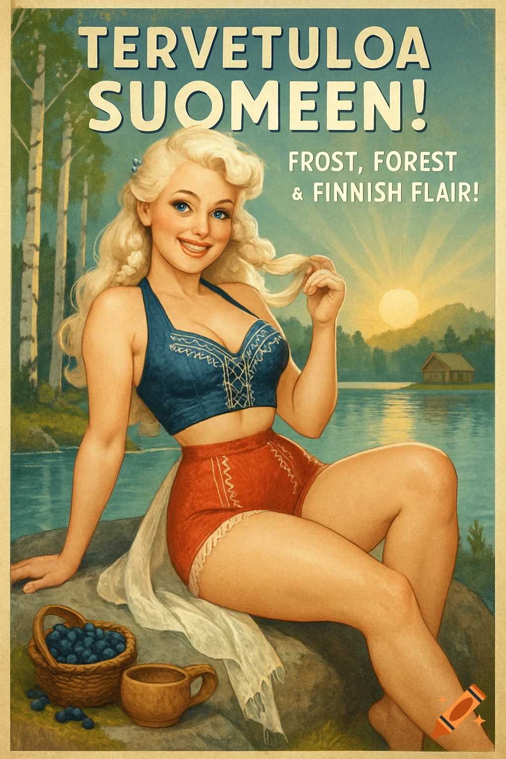 Vintage poster illustration of a blonde woman in a swimsuit sitting by a lake with text "Welcome to Finland".