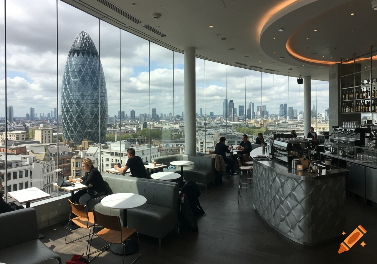 View from a skyscraper cafe window overlooking the London skyline and the Gherkin building.
