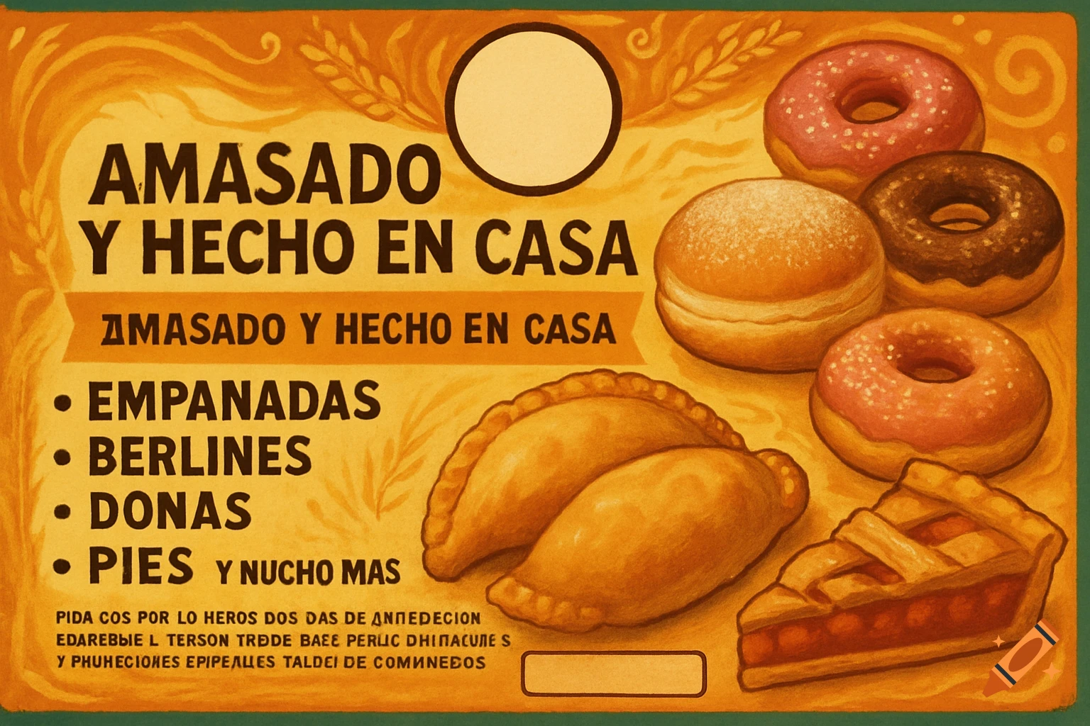 Bakery advertising sign with donuts, empanadas, and pie slice in illustrative style.