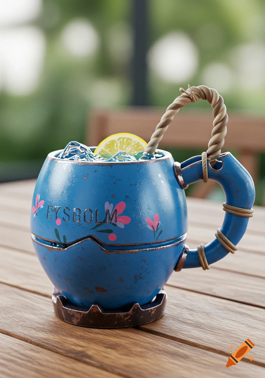 A blue bomb-shaped cup filled with liquid and a lemon slice on a wooden table, 3D render.