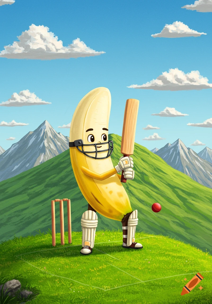 Cartoon banana playing cricket in a mountain landscape.
