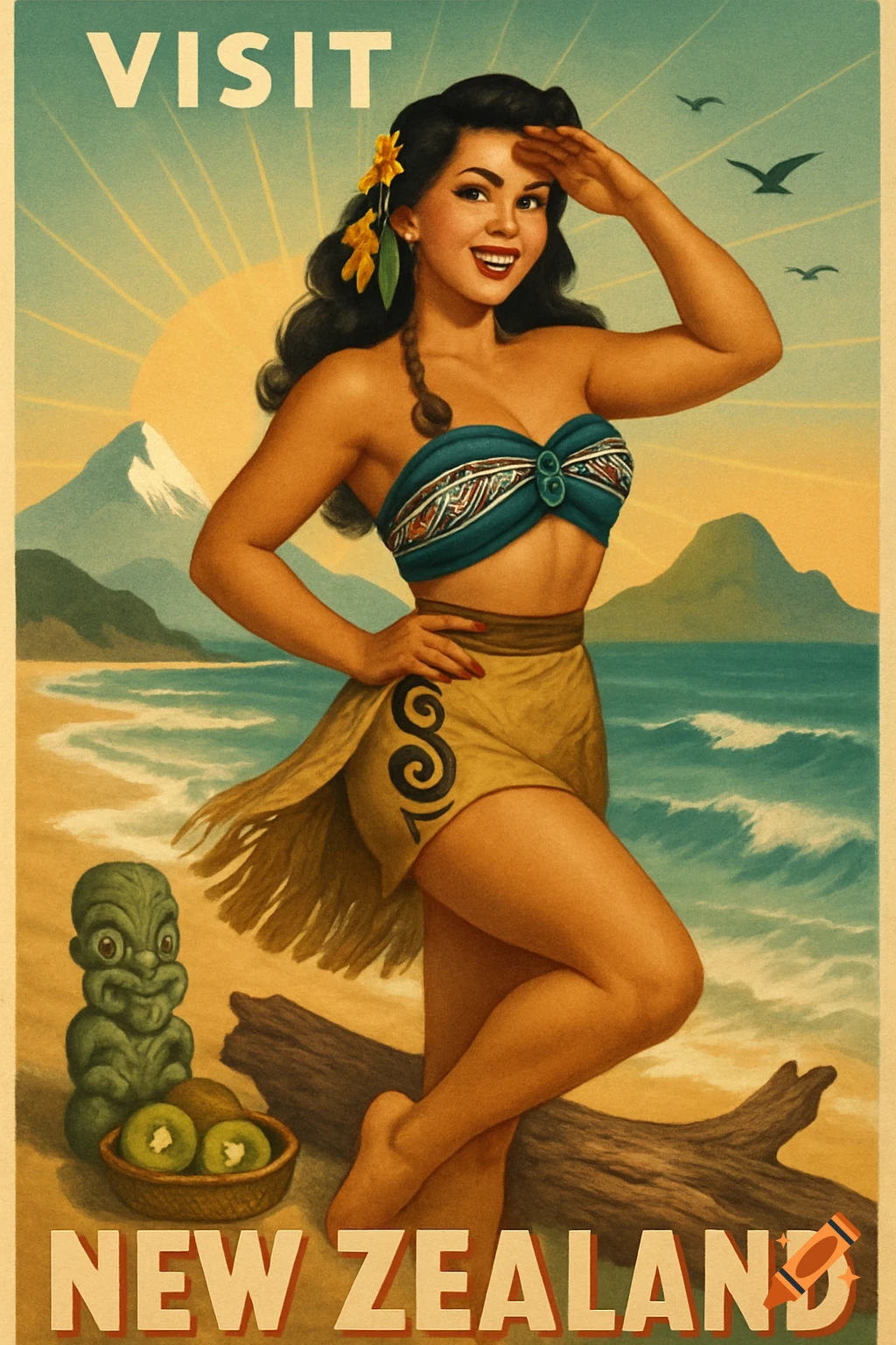 Retro travel poster of woman on NZ beach with mountains, tiki, and text VISIT NEW ZEALAND