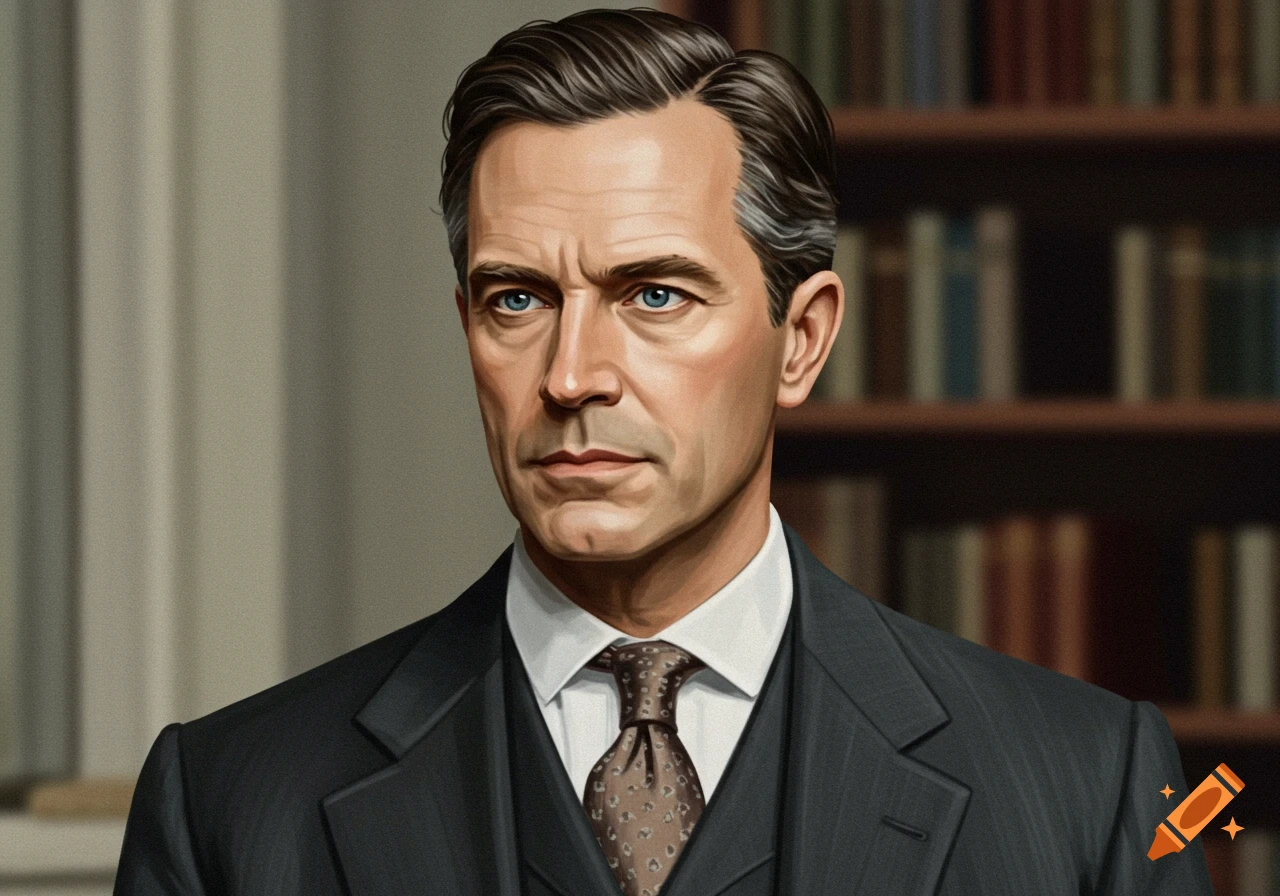 Digital portrait of a man in a suit against a bookshelf background.
