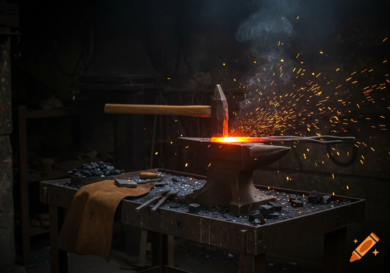 Blacksmith hammering red-hot metal on an anvil with sparks flying in a dark workshop.