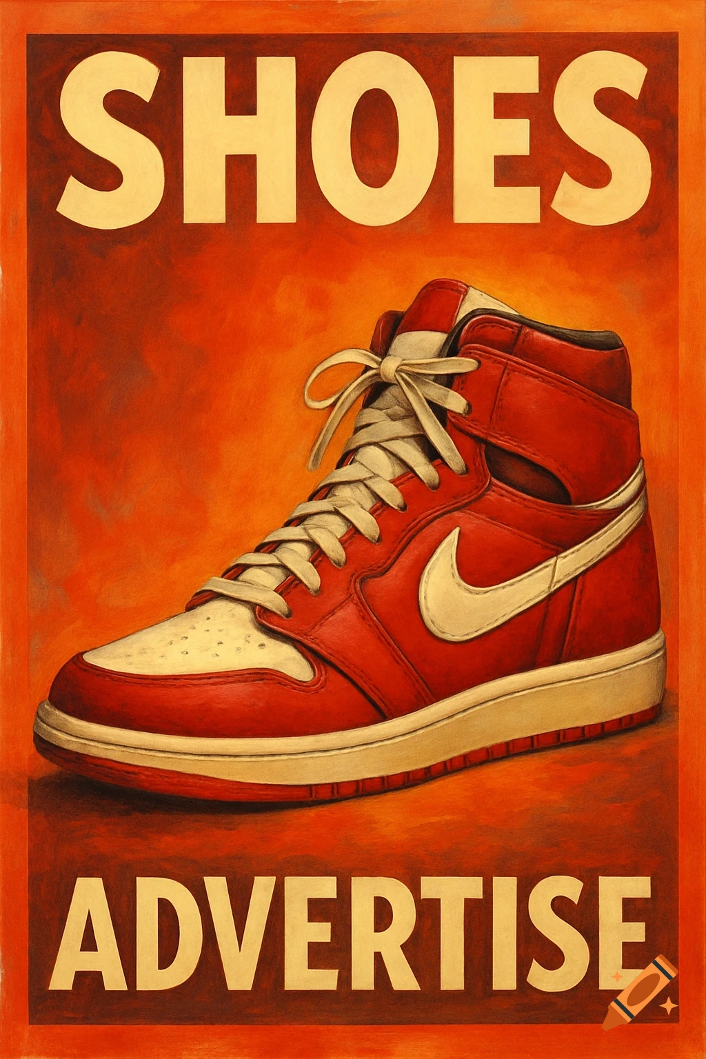 Vintage style poster featuring a red and white high-top sneaker with the words SHOES and ADVERTISE.