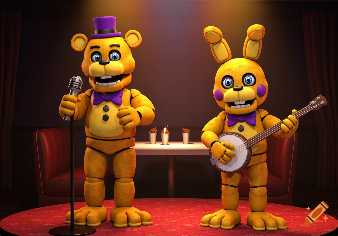 Yellow bear robot with mic and yellow bunny robot with banjo on stage in diner
