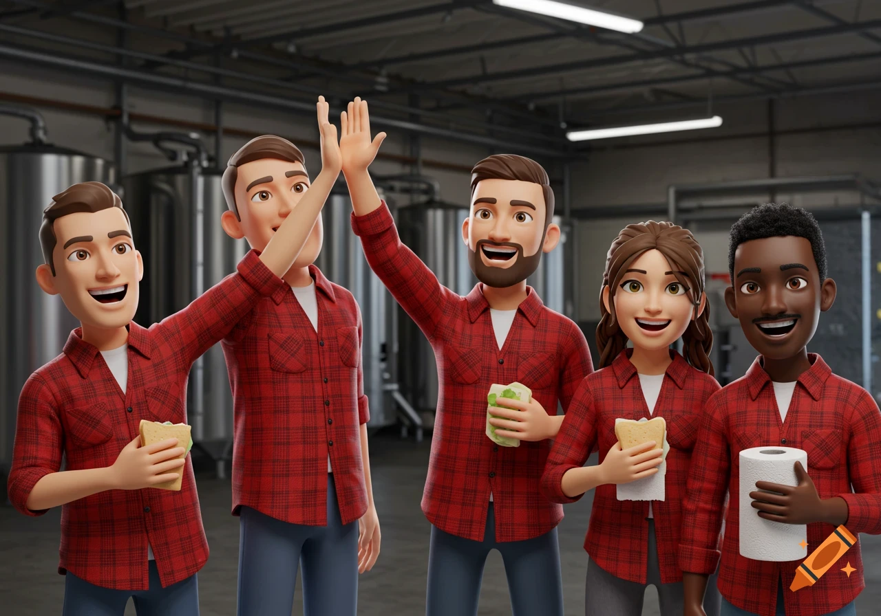Cartoon people in red plaid shirts high-fiving and holding a sandwich and paper towels in an industrial setting.