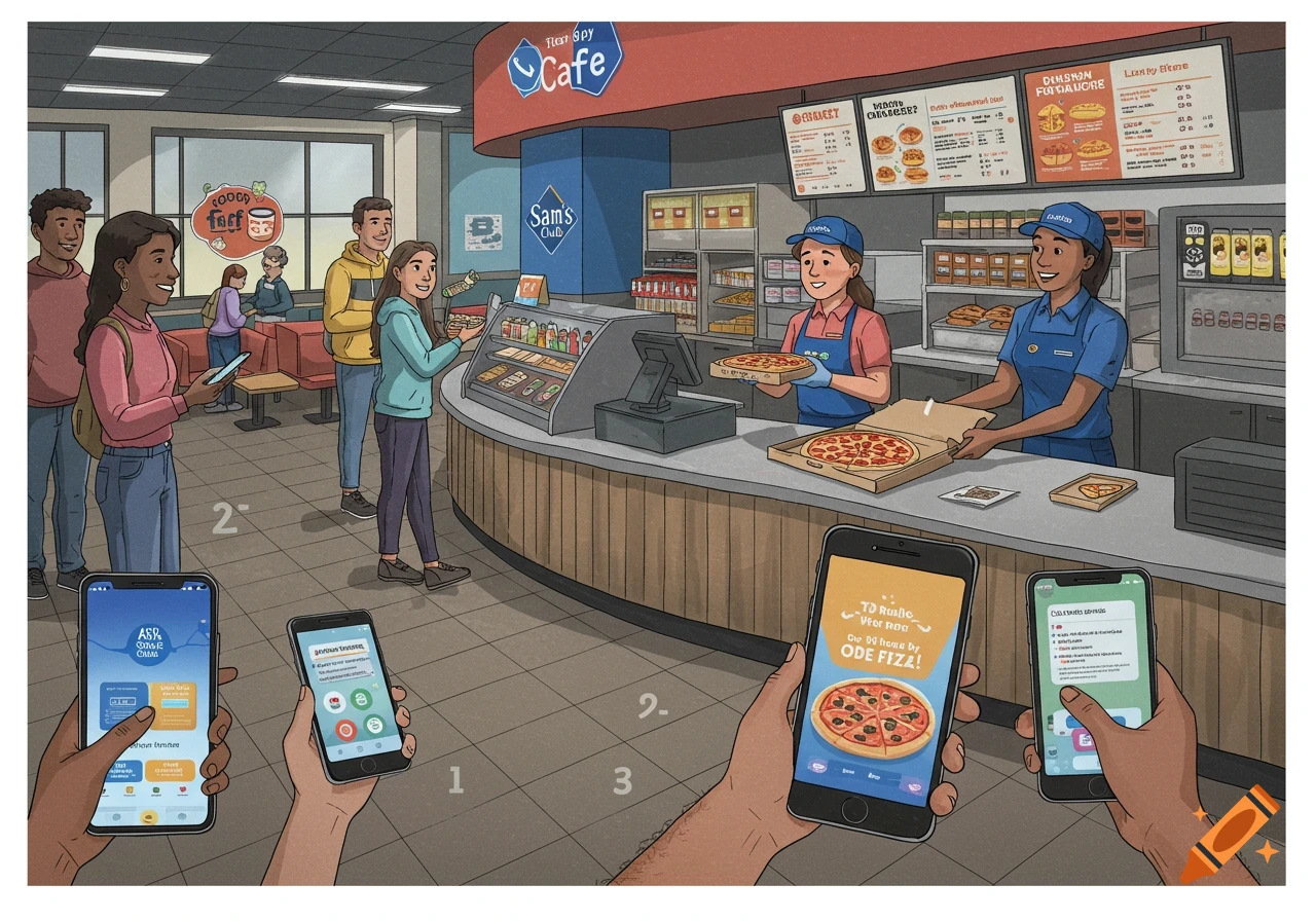 Illustration of a busy Sam's Club cafe with people ordering food on phones and staff handing out pizza.