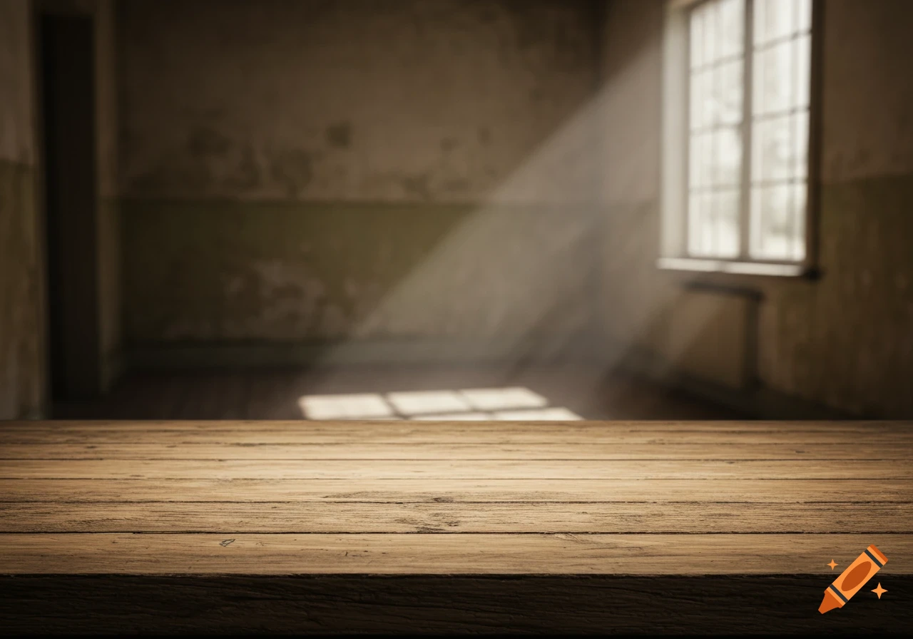 Close-up of a rustic wooden table with a blurred background of an empty room with light streaming through a window