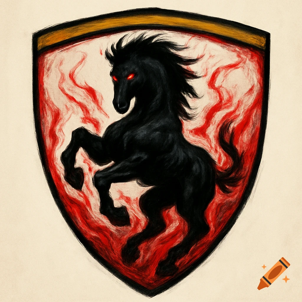 A stylized black horse with glowing red eyes rears on a shield engulfed in red flames.
