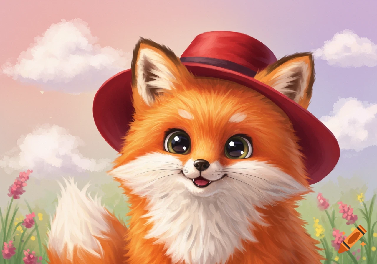 A cute cartoon fox with big eyes wears a red hat in a field under a cloudy sky.