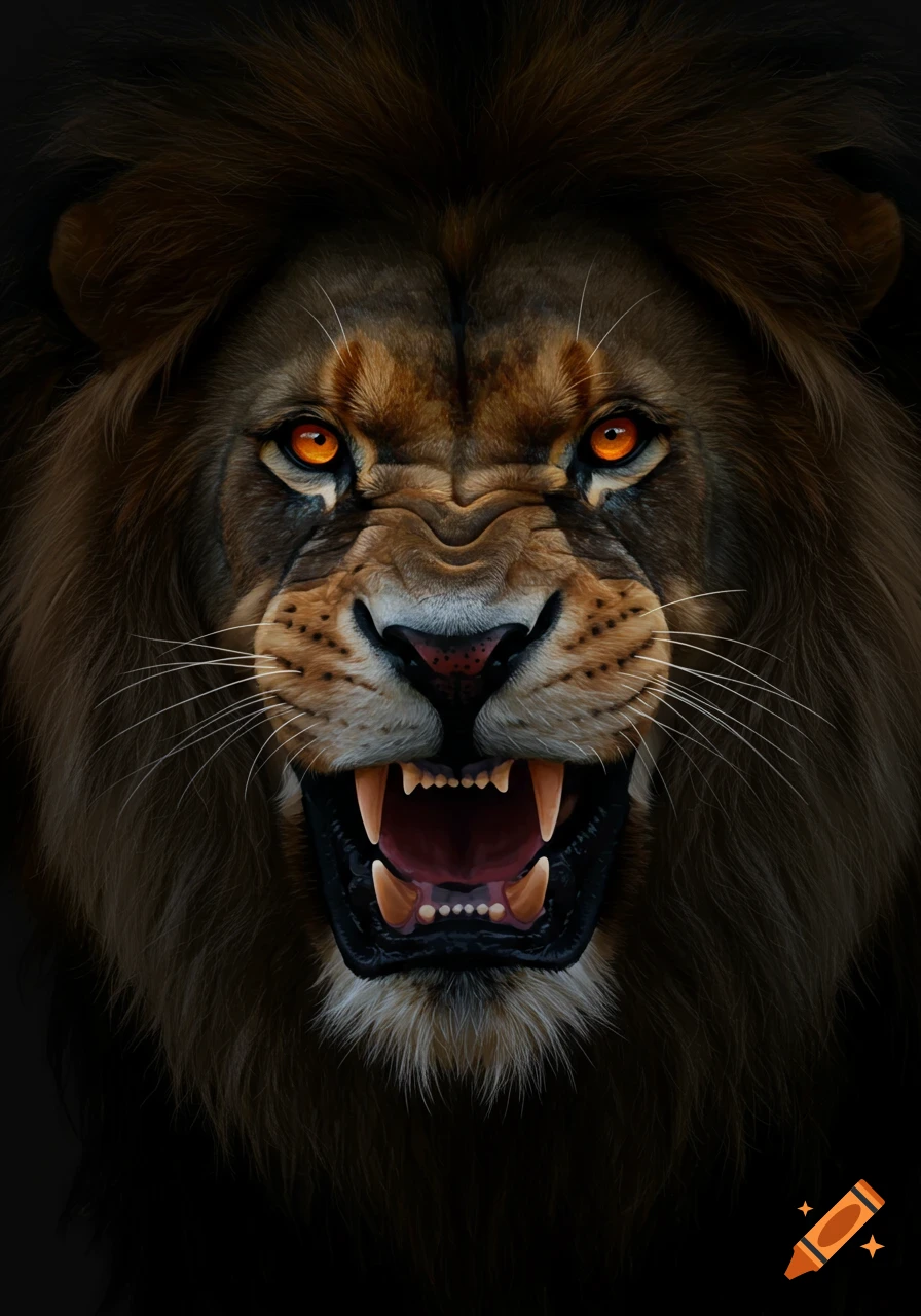 A close-up portrait of a roaring lion with intense orange eyes.