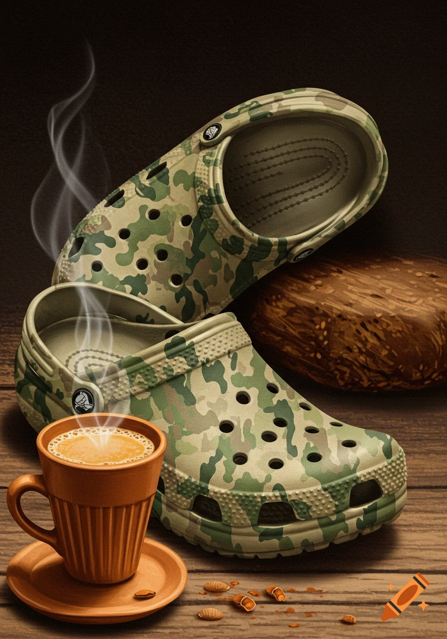 Camouflage Crocs, a cup of chai, and a saucer on a wooden table.