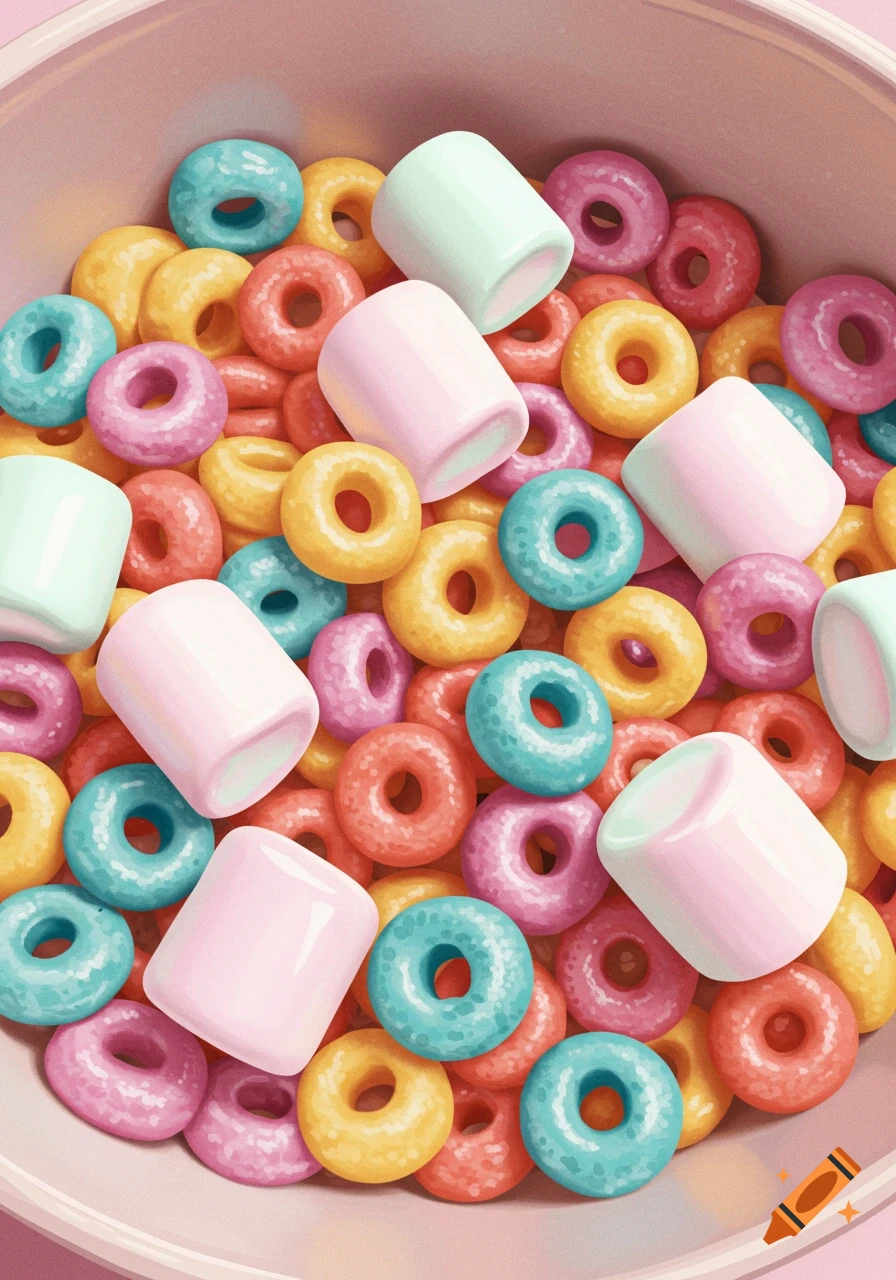 Colorful cereal rings mixed with marshmallows in a bowl.