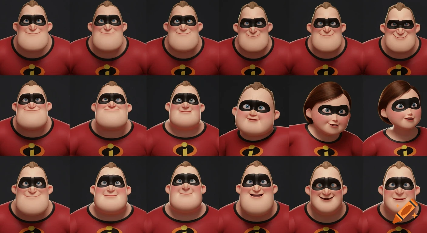 A grid of 16 rendered images showing a 3D animated character resembling Mr. Incredible, with varying facial expressions and poses.