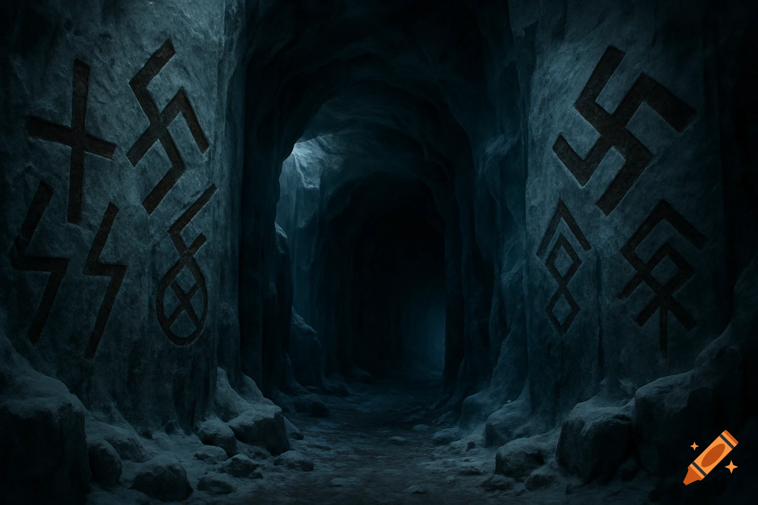 Dark, icy cave passage with ancient, mystical symbols carved into the stone walls, photorealistic style.