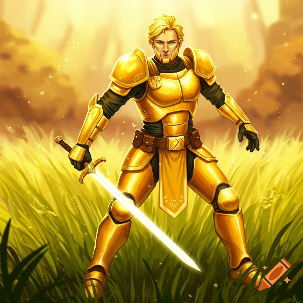 A warrior in golden armor holds a glowing sword in a grassy field.