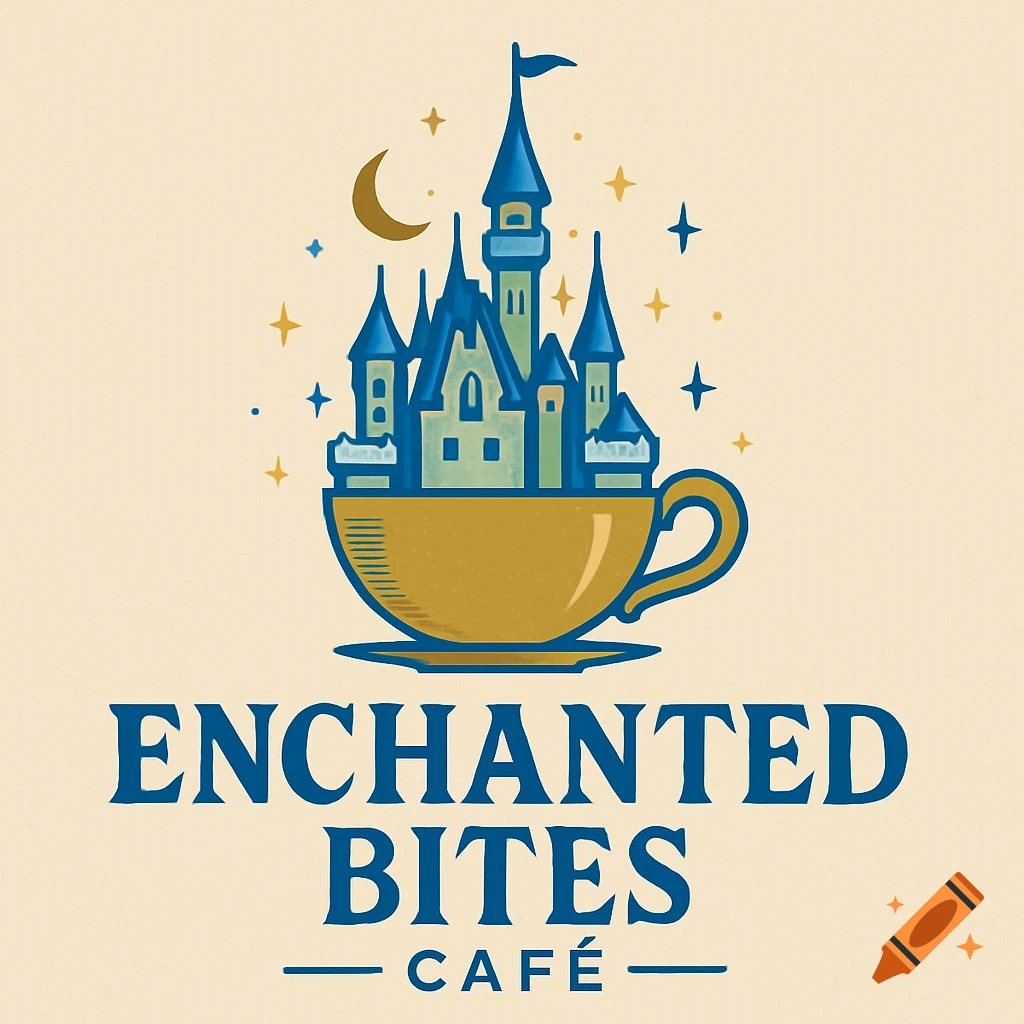 Logo with a stylized castle rising from a coffee cup, surrounded by stars and a moon, above the text 'ENCHANTED BITES CAFÉ'.