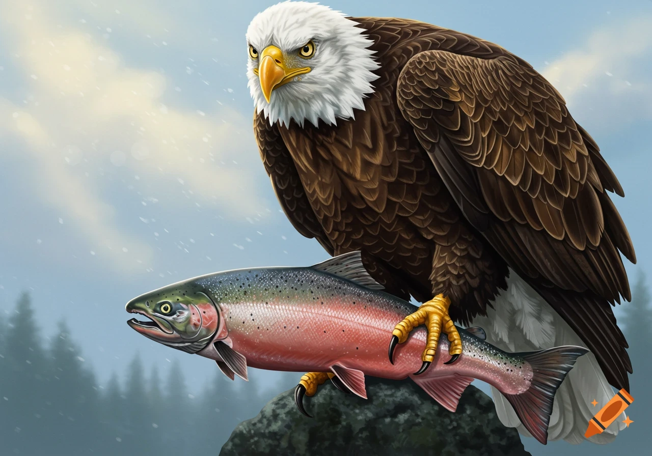 Illustration of a bald eagle holding a large salmon on a rock.