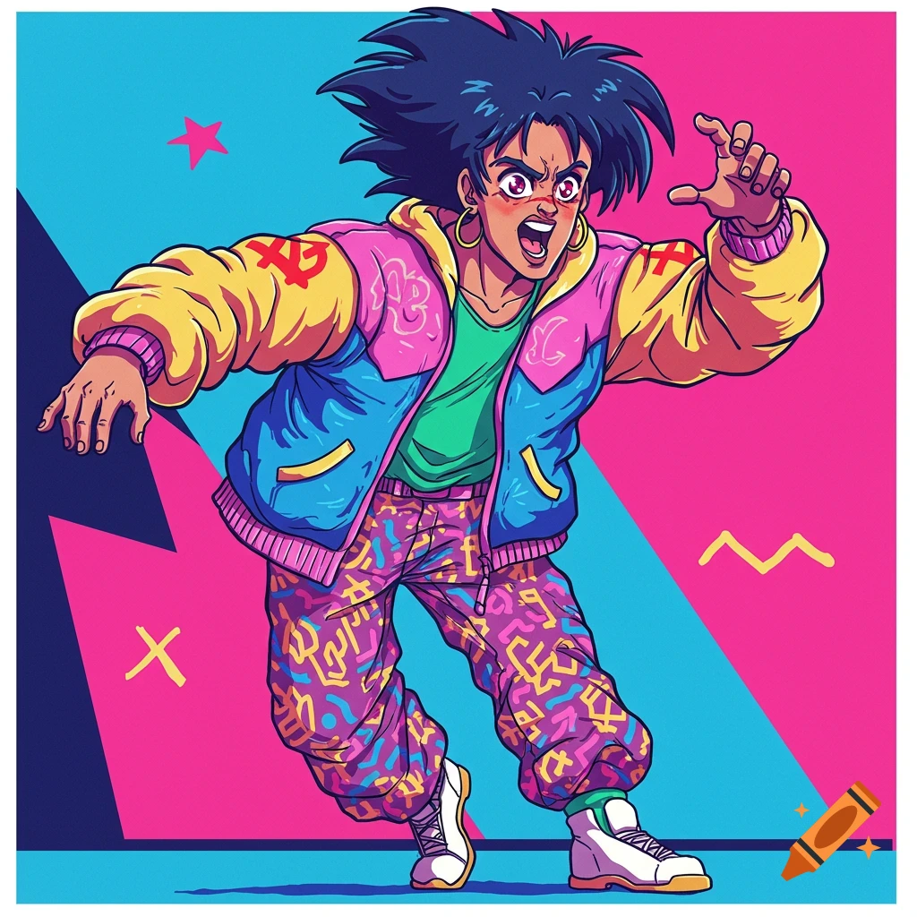 An anime character in 90s style clothing stands in a dynamic pose against a vibrant background with abstract shapes.