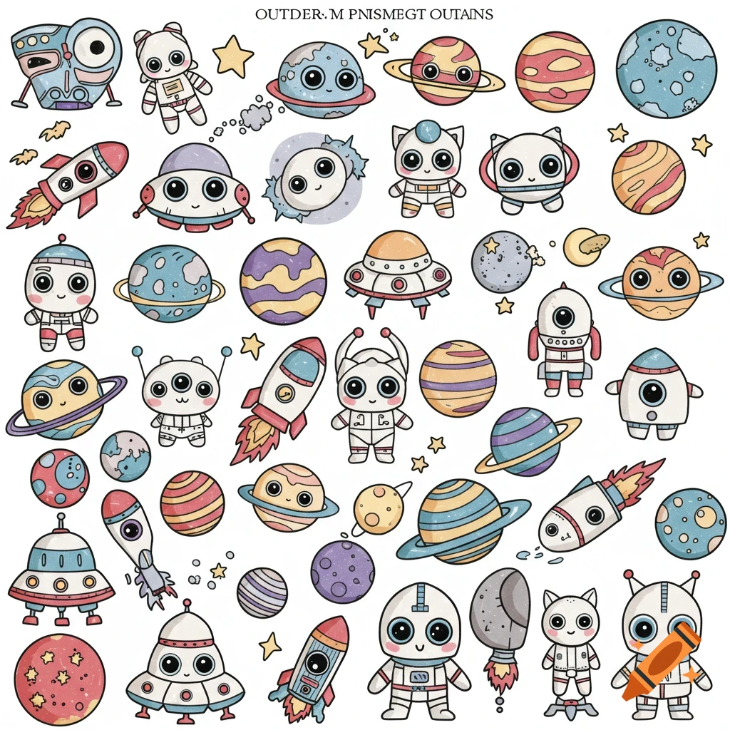 Kawaii space themed clipart sheet with planets, rockets, aliens, and astronauts on white background.