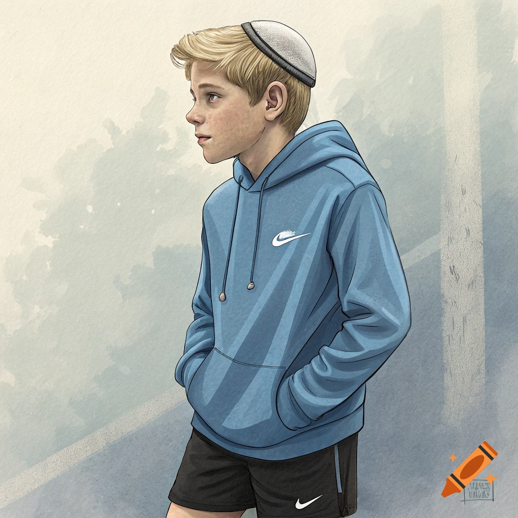 Illustration of a boy in a blue Nike hoodie, black shorts, and a kippah.