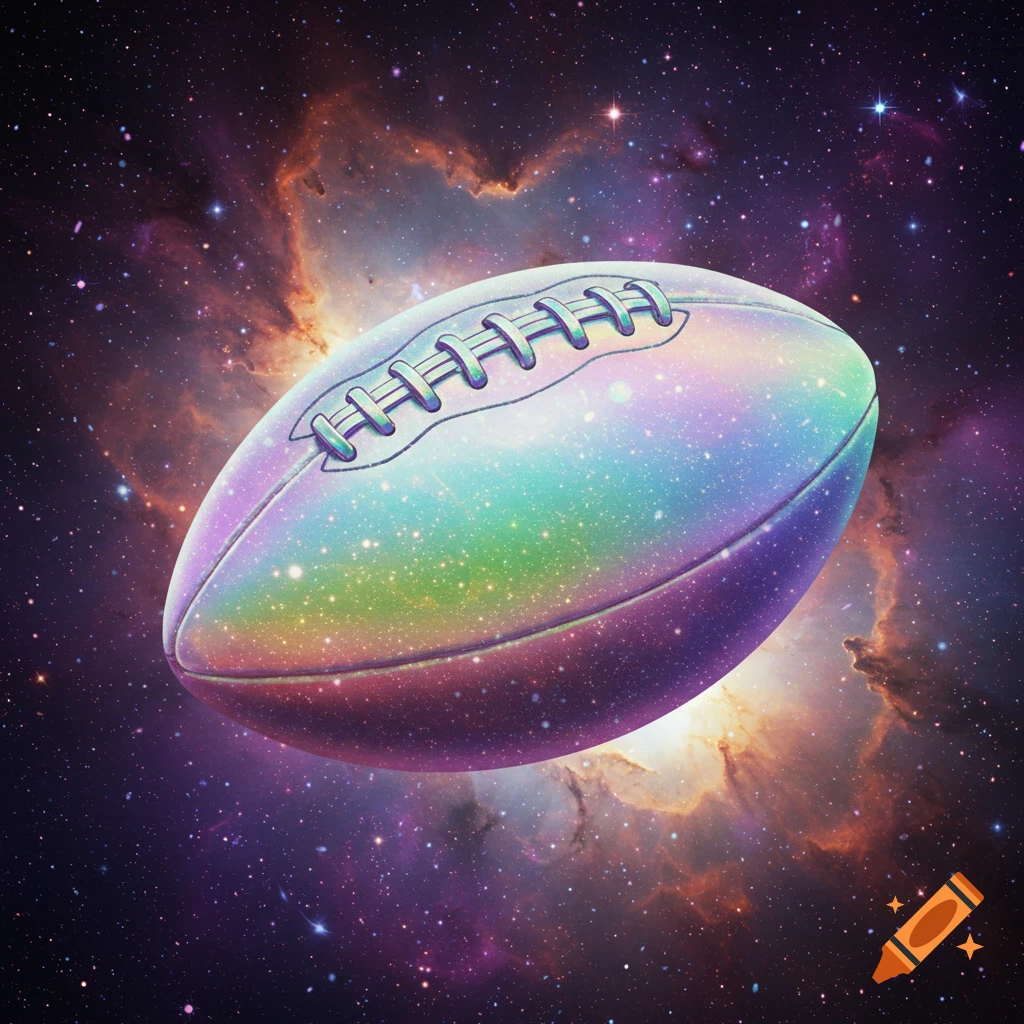 A iridescent football floats in front of a galaxy nebula.