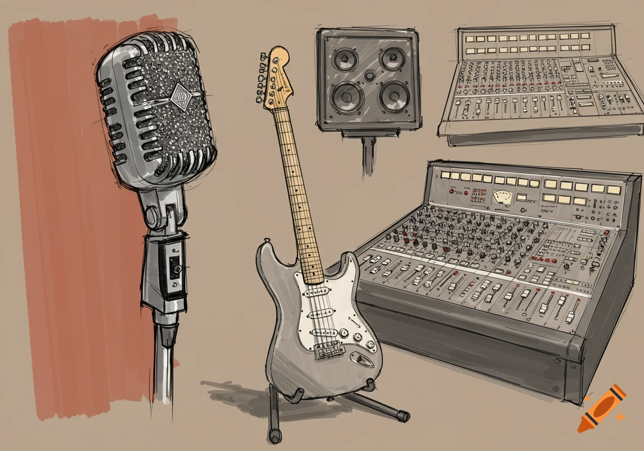 Sketch of a vintage microphone, electric guitar, speaker, and two audio mixing consoles.