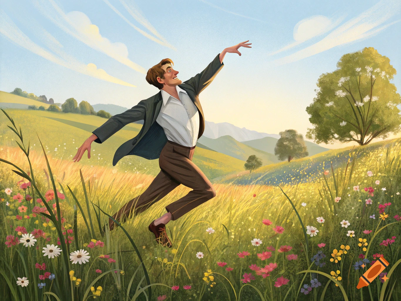 Man leaping in a flower meadow, illustration