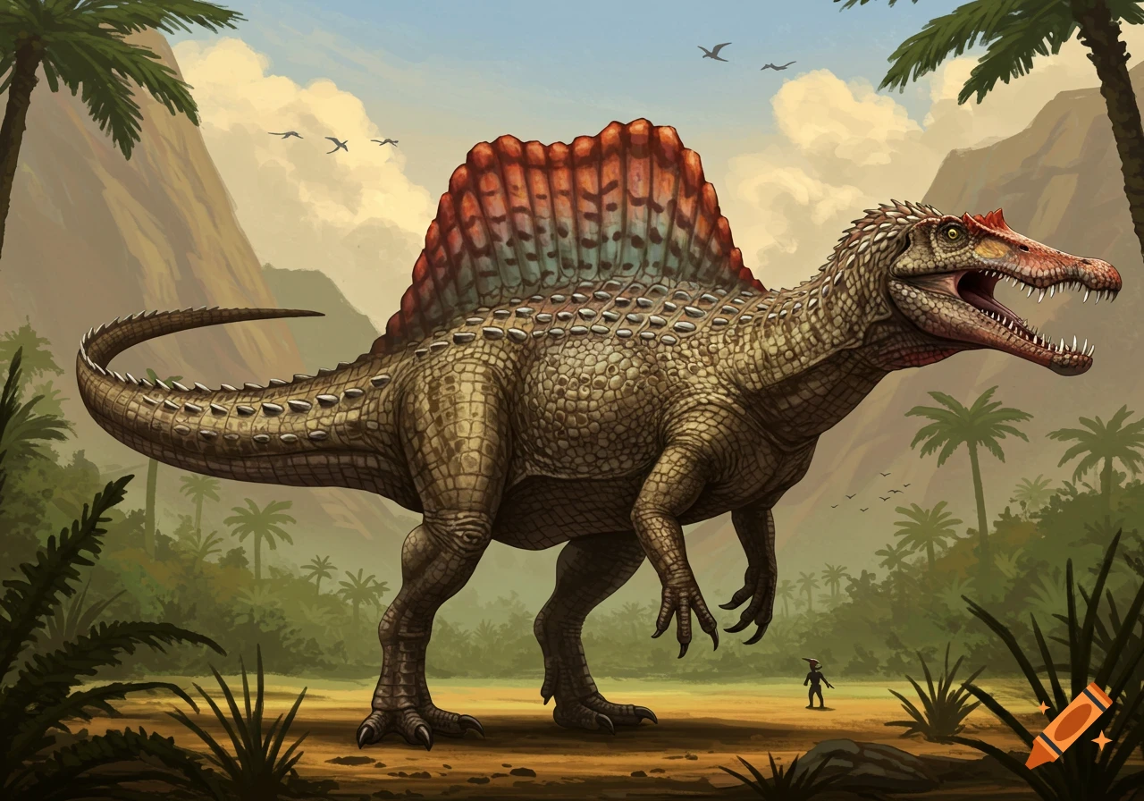 Large Spinosaurus dinosaur stands in a jungle landscape with mountains and a tiny human figure.