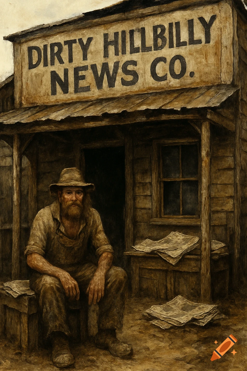 A man sits before a rustic building with a 'Dirty Hillbilly News Co.' sign. The image has a rough, painted style.