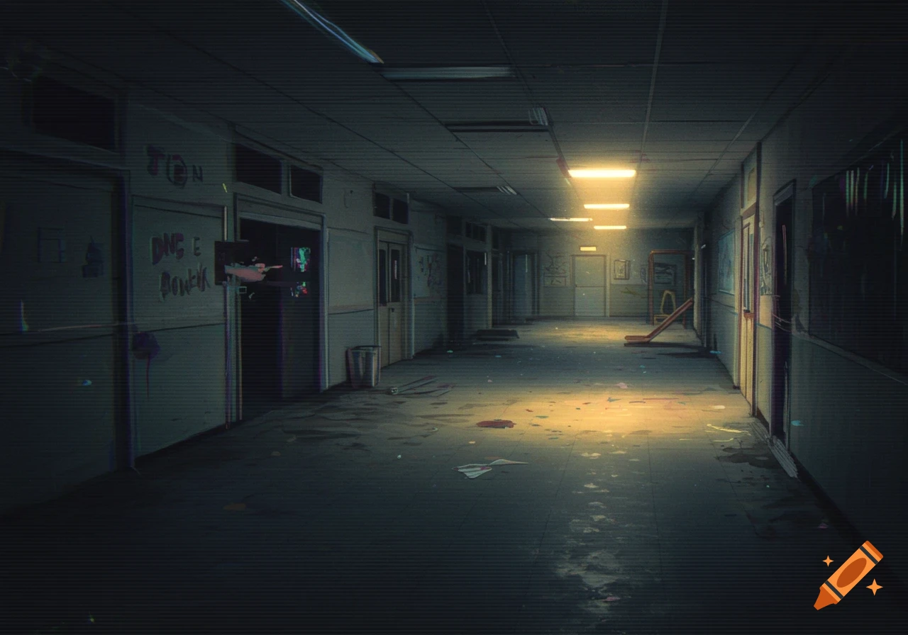 A dark and abandoned hallway with glowing lights, debris, and graffiti, in a VHS style.