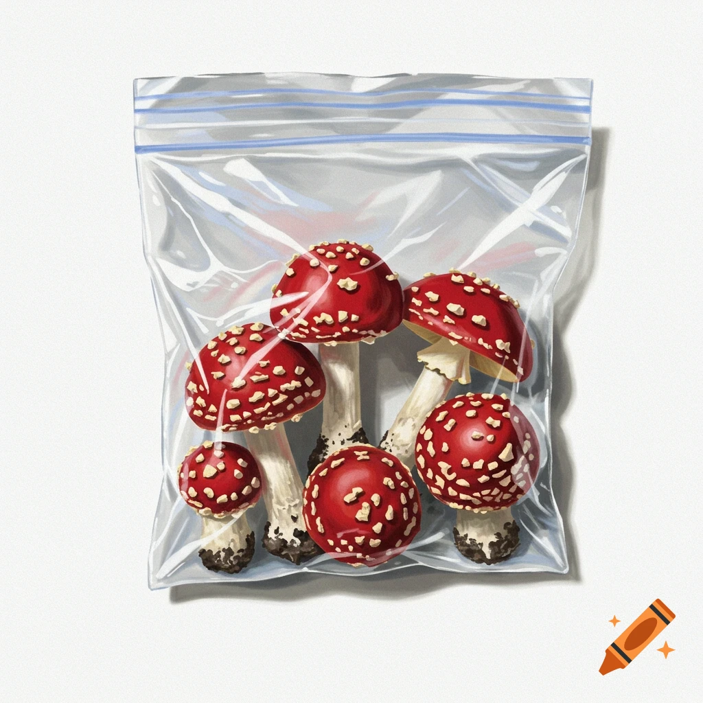 Still life illustration of red and white spotted mushrooms in a clear plastic zip-top bag.
