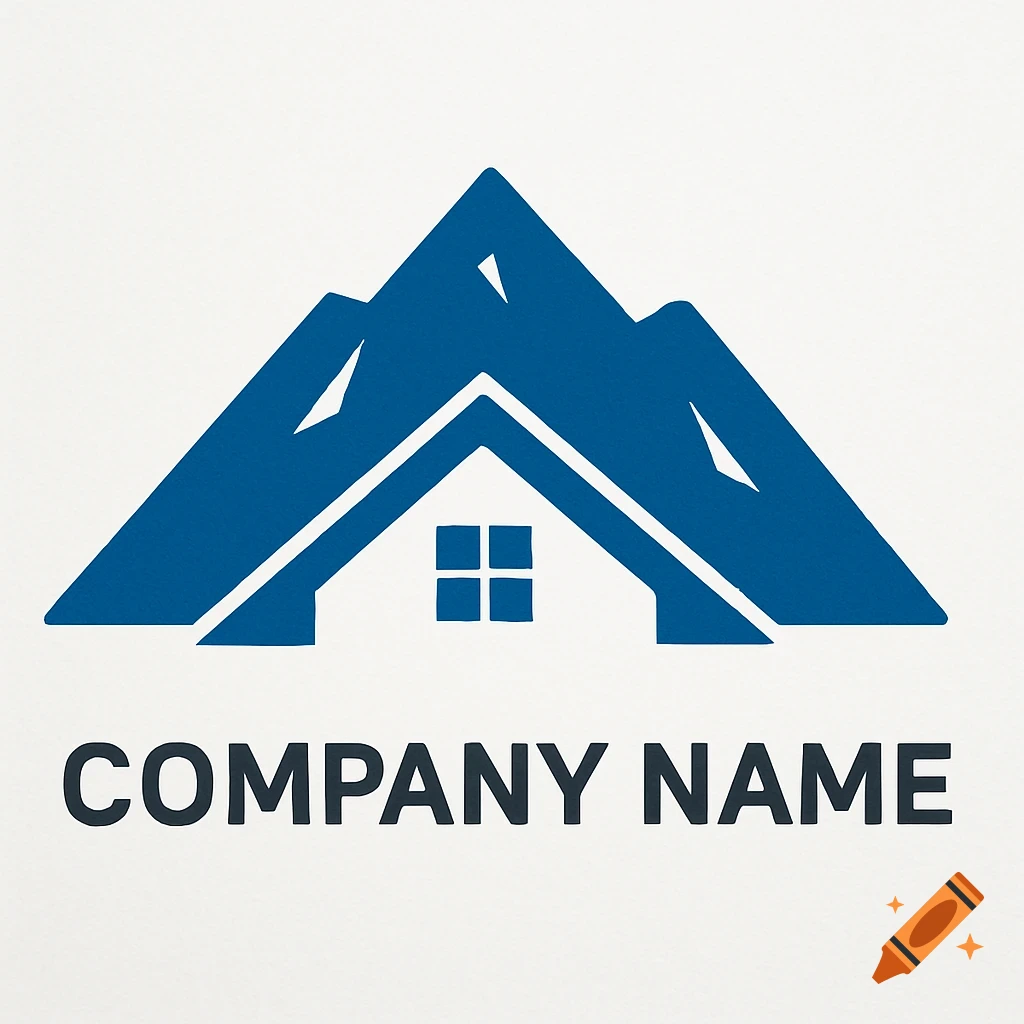 A blue logo for a real estate company featuring a stylized mountain with a house outline and the text 'COMPANY NAME'.