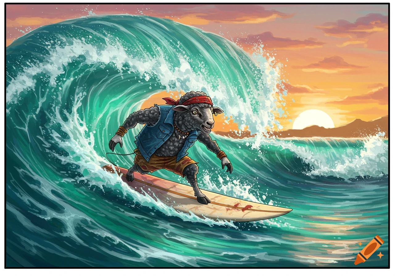 A cartoonish sheep wearing a bandana and denim vest surfs a large wave at sunset.