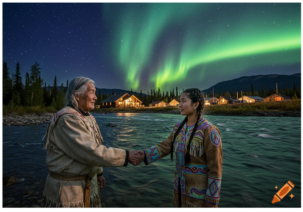 Two Indigenous people shaking hands by a river with a village and northern lights in the background.
